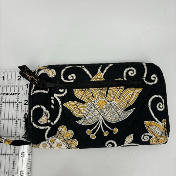 Vera Bradley Zip Around Wallet Wristlet Quilted Black Yellow Brid Floral 8 Inch - Picture 8 of 8